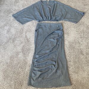 Two-Piece Slate Blue Linen Set - Crop Top & Maxi Skirt